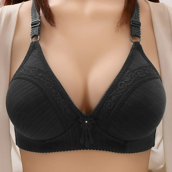 THDHVS Womens Plus Size Bras,Wireless Bras for Women,Fashion Women Solid Color Wireless Lace Flower Decoration Pad Gathering Daily Bra Black 42