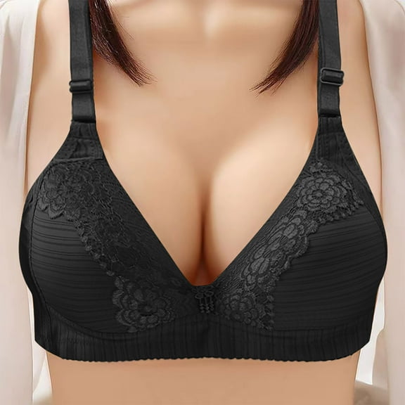 THDHVS Womens Plus Size Bras,Wireless Bras for Women,Women's Non Steel Ring Style Print Gathered Middle Button Breathable Underwear Daily Bra Black 40