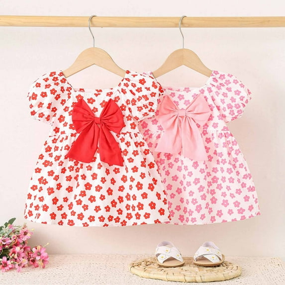 THDHVS Girls Dresses,Toddler Girl Dress,Summer Toddler Toddler Girls Short Sleeve Dress Pattern with Short Sleeves Skirt Pink 12-18 Months