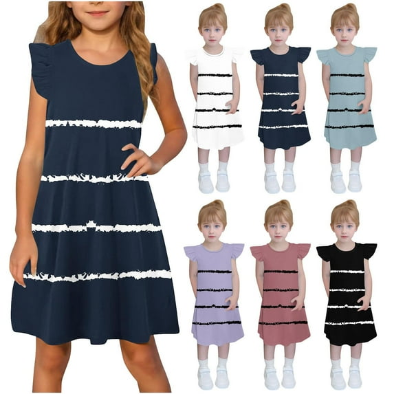 THDHVS Girls Summer Dresses, Dresses for Kids, Toddler Girls Dress Summer Ruffle Sleeve Sundress Outfit for Kids 4-14T Blue 4-5 Years