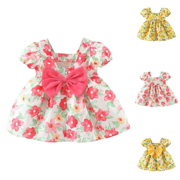THDHVS Girls Summer Dresses, Dresses for Kids, Toddler Kids Toddler Girls Fashion Short Sleeve Sweet Flower Print Ruffle Dress Pink 6-9 Months