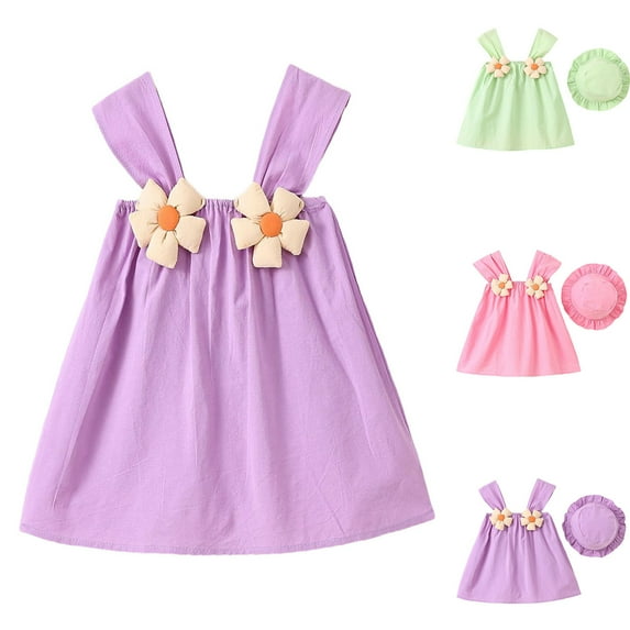 THDHVS Girls Summer Dresses, Dresses for Kids, Toddler Kids Baby Girls Fashion Cute Sleeveless Sweet Flower Print Dress Hat Set Purple 6-9 Months