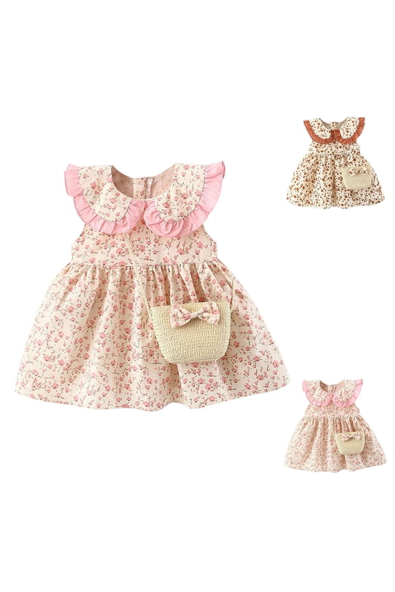 Girls Summer Dresses, Dresses for Kids, Toddler Kids Baby Girls Fashion Cute Sleeveless Sweet Flower Print Ruffle Dress Bag Set Pink 6-9 Months