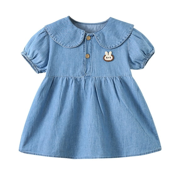 THDHVS Girls Summer Dresses, Dresses for Kids, Toddler Kids Baby Girls' Summer Fashion Cute Cowboy Dress With Collar and Short Sleeve Dress Blue 2-3 Years