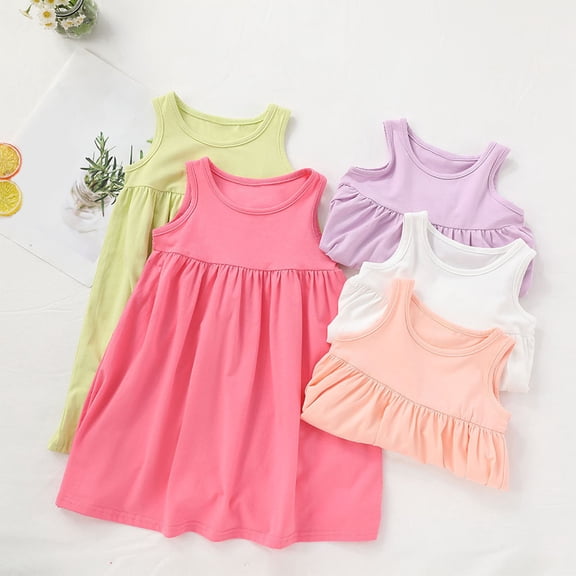 THDHVS Girls Summer Dresses, Dresses for Kids, Toddler Kids Girls Cute Solid Color Sleeveless Stretchy Wrinkle Camisole Dress A Line Dress Green 3-4 Years