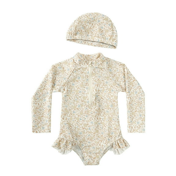 THDHVS Kids Swimsuits, Bathing Suits for Girls, Kid's Print Long Sleeve Sunscreen Beach Swimsuit Girls Babies Swimsuit+swim Cap Yellow 3-4 Years