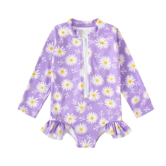 THDHVS Kids Swimsuits, Bathing Suits for Girls, Fashionable Girl Print Zipper Swimsuit Cover Long Sleeve Beach Skirt Purple 12-18 Months