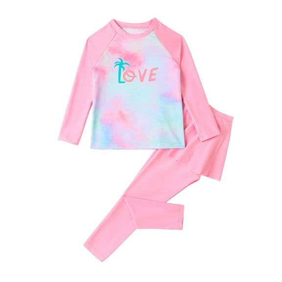 THDHVS Kids Swimsuits, Bathing Suits for Girls, Toddler Kids Girls Fashion Cute Print Long Sleeve Sunscreen Seaside Surfing Swimsuit Set Pink 7-8 Years