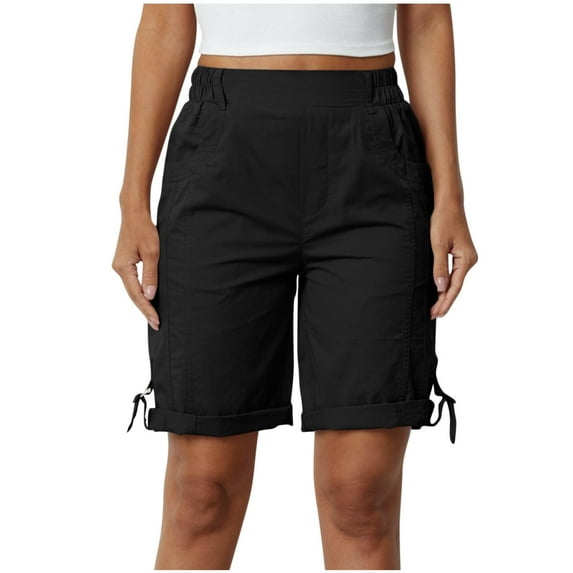 THDHVS Shorts for Women, Womens Shorts Casual,Women's Fashion Solid Color High Waist Elastic Waist Pockets Shorts