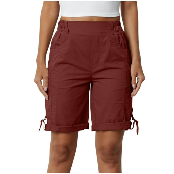 THDHVS Shorts for Women, Womens Shorts Casual,Women's Fashion Solid Color High Waist Elastic Waist Pockets Shorts