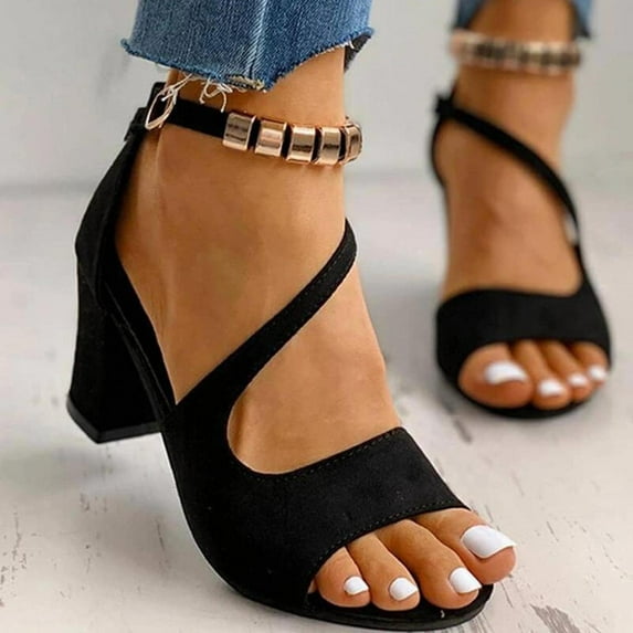 Summer Saving Clearance! Tuobarr Block Heels New Buckle Strap Chunky Heel Sandals Women's High Heels Beaded Fish Mouth Women's Sandals Black US Size 6.5
