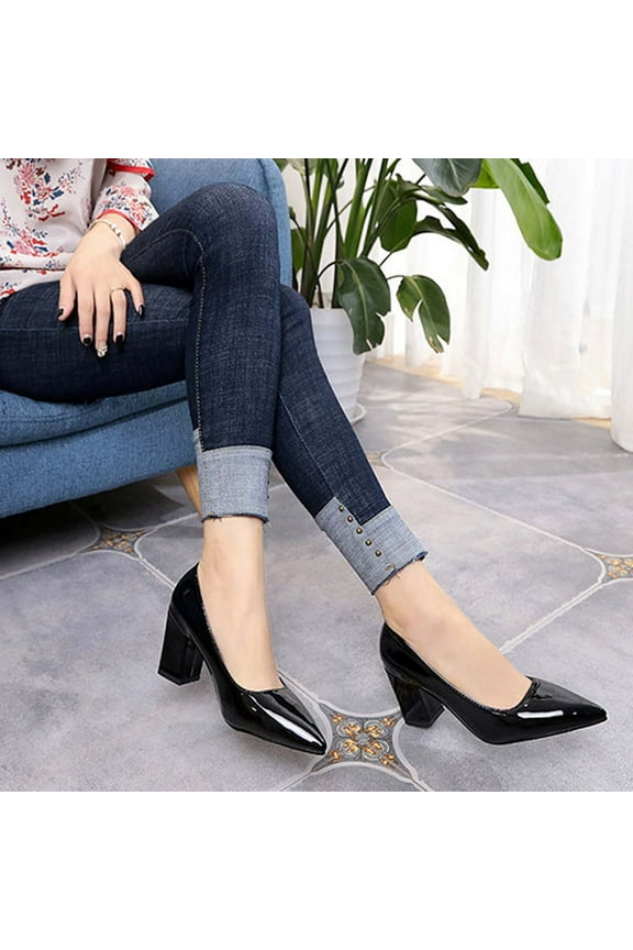 Summer Saving Clearance! Itsun Block Heels Women's Fashion Pointed Toe Chunky Heels High Heels Shoes Solid Color Casual High Heels Shoes Black US Size 9.5