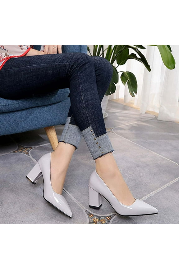 Summer Saving Clearance! Itsun Block Heels Women's Fashion Pointed Toe Chunky Heels High Heels Shoes Solid Color Casual High Heels Shoes Gray US Size 8.5