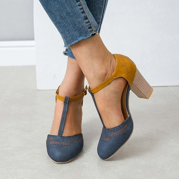 Summer Saving Clearance! Tuobarr Block Heels Women's Large Size Summer Breathable Single Shoe Hollowed Out Chunky Heel Heeled Sandals Blue US Size 8.5