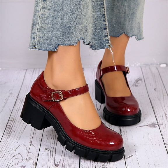 Summer Saving Clearance! Tuobarr Women's Platform New Summer Round Toe Thick Heel Women's Shoes Fashion Buckle Single Shoes Wine US Size 7.5