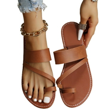Summer Saving Clearance! Tuobarr Women's Slide Sandals Casual Flat Sandals Retro Beach Style Sandals and Slippers Large Size Women's Shoes Brown US Size 9
