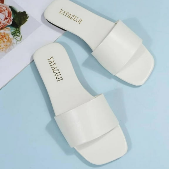 Summer Saving Clearance! Tuobarr Women's Slide Sandals Woman's Head One-Line Sandals Solid Color Flat Slippers Color Everything Matching Sandals White US Size 4.5