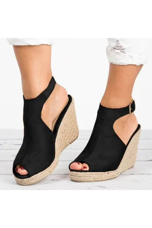 Summer Saving Clearance! Itsun Women's Wedge Sandals Fashion Women Solid Summer Ladies Comfy Sandals Slope Heel Casual Beach Shoes Black US Size 10