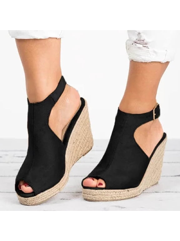 Summer Saving Clearance! Itsun Women's Wedge Sandals Fashion Women Solid Summer Ladies Comfy Sandals Slope Heel Casual Beach Shoes Black US Size 6