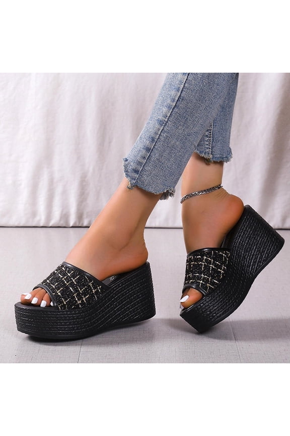 Summer Saving Clearance! Itsun Women's Wedge Sandals Women's Sequin High Heels One Line Thick Sole Slippers Sponge Bottom Beach Sandals Black US Size 4