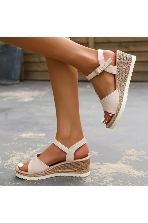 Summer Saving Clearance! Itsun Women's Wedge Sandals Women's Summer Casual Thick Bottom Buckle Sandals Fashion Platform Wedges Shoes Beige US Size 6