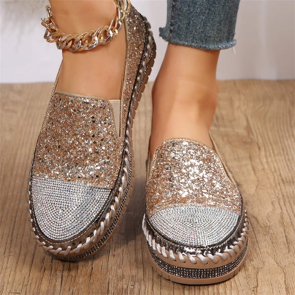 Summer Saving Clearance! Tuobarr Womens Shoes Fashion Rhinestone Flat Sole Single Shoes Women's One-footed Shoes Casual Shoes Gold US Size 4.5