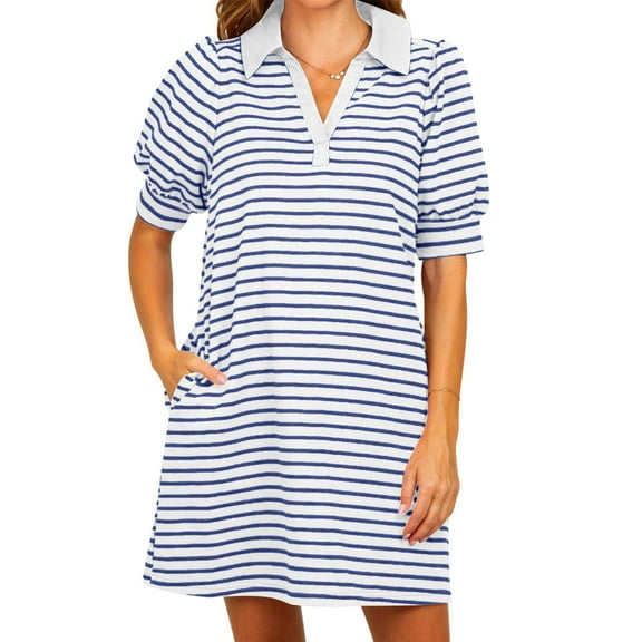 Summer Saving Under $20 Womens Dresses, Women's Summer Lapel Collared V Neck Striped Dress Casual Short Sleeve Dresses(Light Blue,XXL)