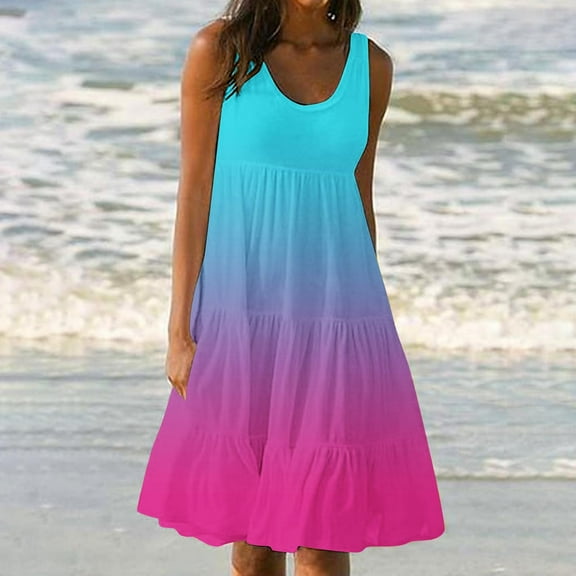 Summer Saving Under $20 Womens Dresses, Womens Summer Round Neck Print Sleeveless Beach Dress(Blue,XXXXXL)