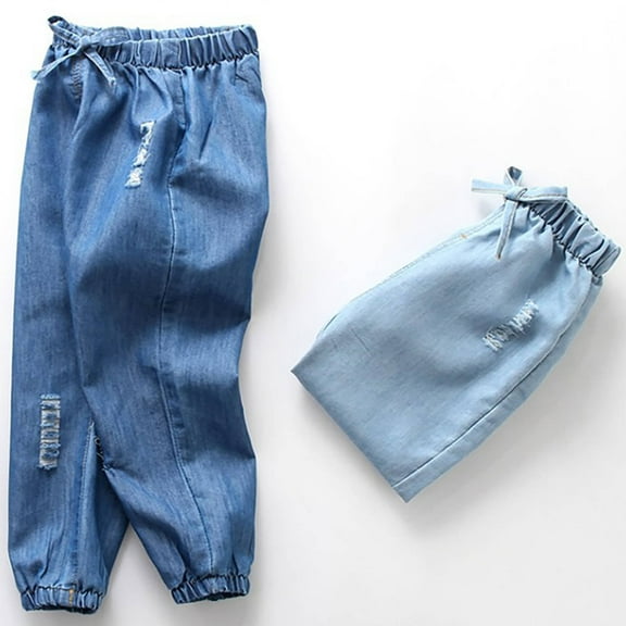 WRKEKC Boys Casual Jeans, Summer Pants for Boys, Children's Casual Solid Color Destructive Style Loose Drawstring Leg Binding Denim Pants