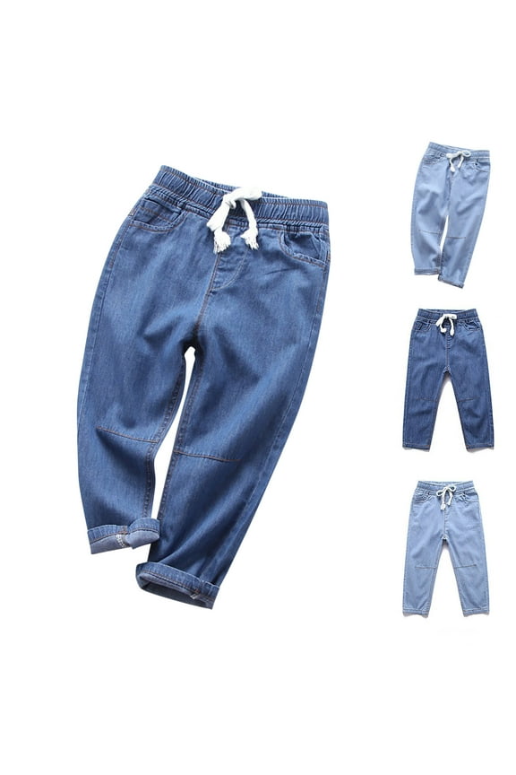 Boys Casual Jeans, Summer Pants for Boys, Children's Casual Solid Color Loose Drawstring Mosquito Proof Flat Denim Pants