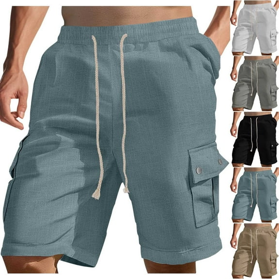 WRKEKC Cargo Shorts for Men, Summer Shorts for Men, Men Solid-Color Loose Casual Multi-Pocket Cotton-Linen Drawstring Shorts XL