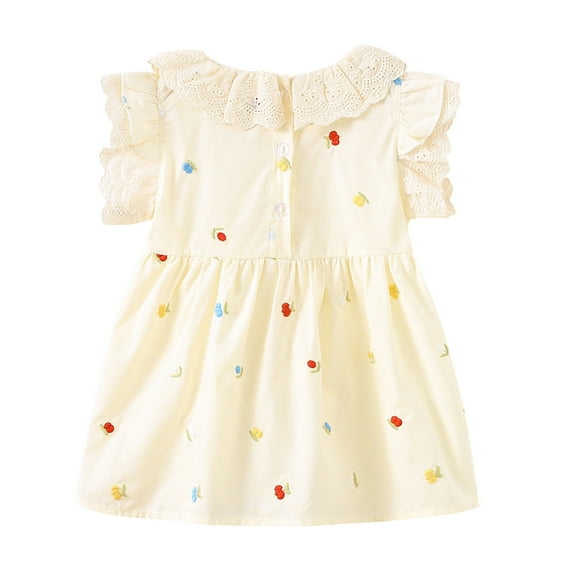 WRKEKC Girls Dresses Summer Short Sleeve Peter Pan Collar Cotton Dress with Floral Embroidery Ruffled Sleeves for 6-24 Months Infants