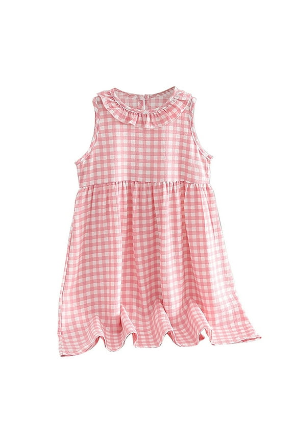 Girls Summer Dress Flutter Sleeve Round Neck Pink White Plaid Print Dress Flowy A-Line Hem for 3-14 Years Kids Daily Wear