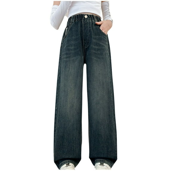 WRKEKC Girls Summer Jeans, Casual Pants for Girls, Girls' Denim Pants Cotton Loose and Versatile Wide Leg Children Casual Pants