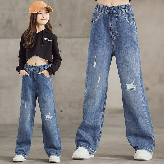 WRKEKC Girls Summer Jeans, Girls Casual Pants, Spring and Summer Children's Girls' Basic Casual Loose Waist Solid Long Pocket Ripped Jeans