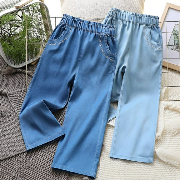 WRKEKC Girls Summer Jeans, Girls Casual Pants, Girls' Thin Pants Loose Summer Ice Silk Sports Pants Mosquito Proof Pants Mid Size Children's Drawstring Lantern Pants Long Pants
