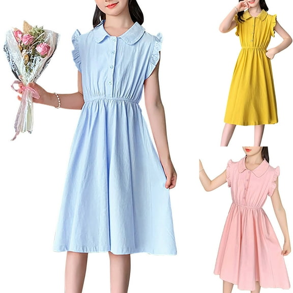 WRKEKC Girls Dresses Tween Solid Color Flutter Sleeve Collared Dress with Elastic Waist Button Front Midi Length for 8-15 Years Kids