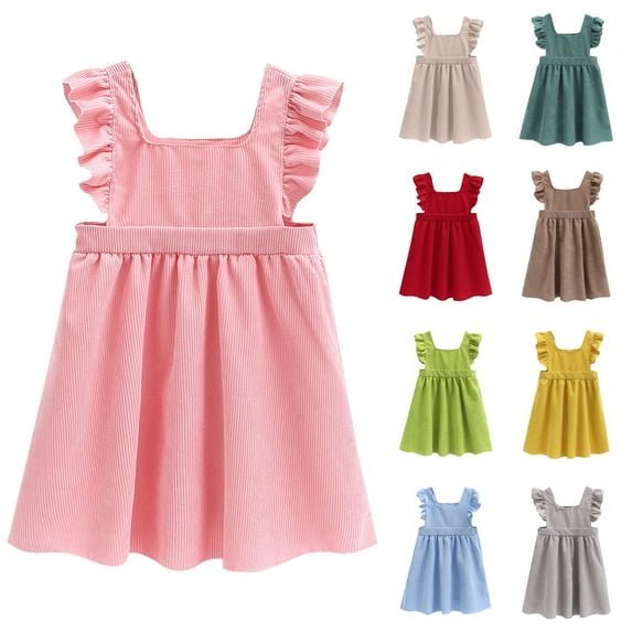 WRKEKC Girls Summer Dress, Casual Dress for Girls, Girls' Summer Solid Color Corduroy Ruffle Sleeveless Pleated Dress 3-4 Years
