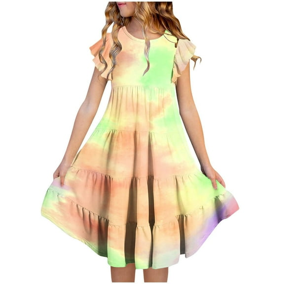WRKEKC Girls Dresses Summer Short Sleeve Crew Neck Gradient Print Tiered Dress with Pockets Flowy Ruffle Hem Casual Dress for 6-15 Years Tween