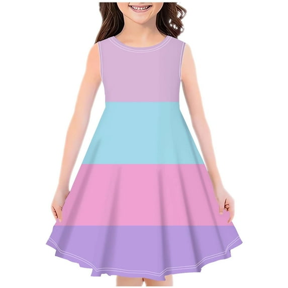 WRKEKC Girls Summer Dresses Sleeveless Round Neck Printed Dress with Checkerboard and Floral Pattern Flowy A-Line Gown for 4-14 Years Kids