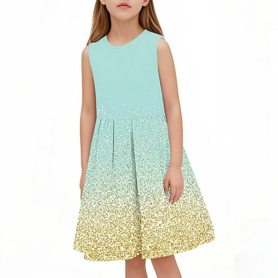 WRKEKC Girls Summer Dress, Girls Casual Dress, Girls' Summer Sequin Stars Dot Sleeveless Round Neck Mid Size Waist Cinched Dress 13 Years