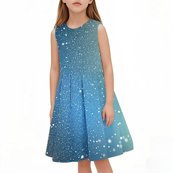 WRKEKC Girls Summer Dress Sleeveless Round Neck Dress with Sequin Print Elastic Waist Flowy Hem for 3-14 Years Kids