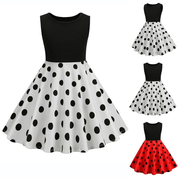 WRKEKC Girls Summer Dresses Vintage Elastic Waist Polka Dot Color Block Sleeveless Round Neck Dress Flared Hem Style for 3-8 Years Kids