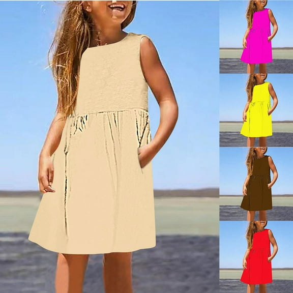 WRKEKC Girls Dresses Summer Sleeveless Round Neck Dress with Pockets Comfortable Casual Solid Color for 3-14 Years Kids