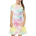 thumbnail image 1 of WRKEKC Girls Dresses Summer Tie-Dye Gradient Print Short Sleeve Crew Neck Pleated Dress for Girls 4-14 Years Casual Party Outfit, 1 of 7