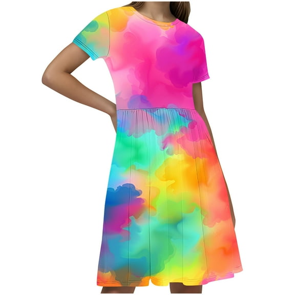 WRKEKC Girls Floral Dress Tie Dye Print Short Sleeve Pleated Midi Dress Casual Summer Fashion Outerwear for 4-14 Years