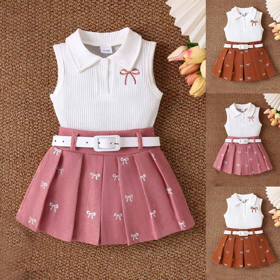 WRKEKC Girls Summer Outfits, Girls Summer Dress, 1-5Y Girls' Collar Tank Top Corduroy Bow Printed Pleated Skirt Set