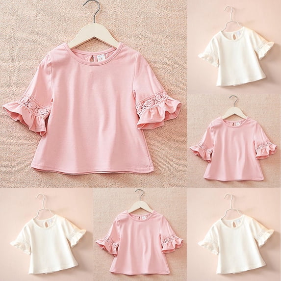 WRKEKC Casual Shirts for Girls, Girls Summer T-Shirts, 6-14 Years Girls Long Sleeve Hollow Out Shirts Kids Cute Crewneck Ruffle Cuffs Blouse