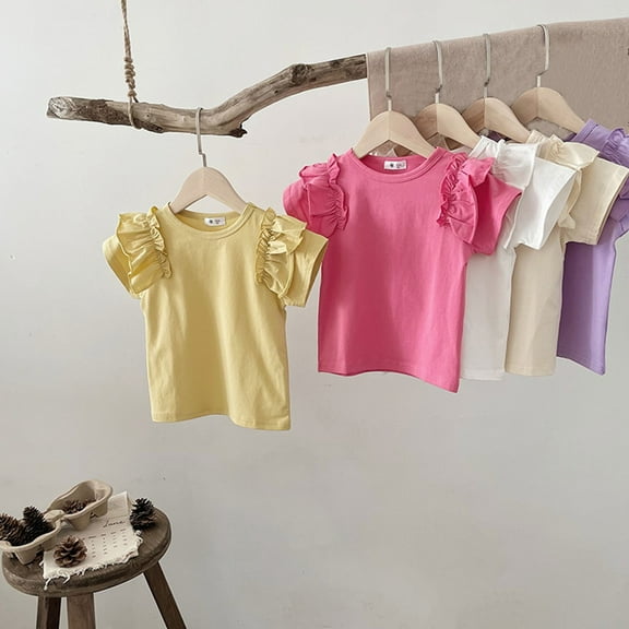 WRKEKC Girls T-shirts,Children Solid Color Loose Girl Ruffle Sleeve Round-Neck Blouses Western Style Top