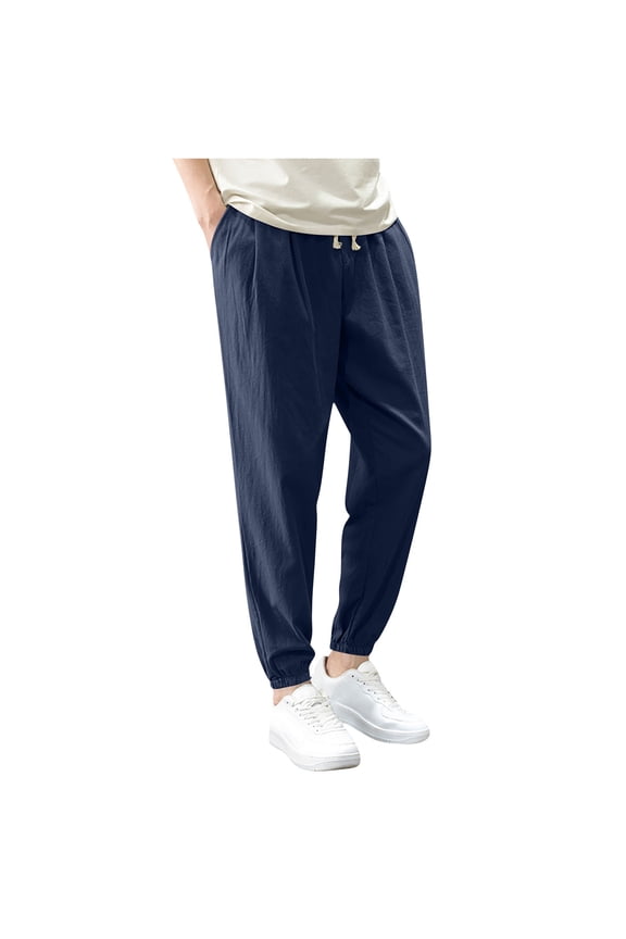 Casual Pants for Men Solid Color Linen Drawstring Elastic Waist Cuffed Trousers Comfortable Summer Daily Lounge Pants
